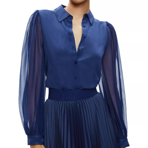 Alice and Olivia Roanne Blouson Sleeve 100% Silk Blouse, Size XS, New with Tag - Picture 1 of 10
